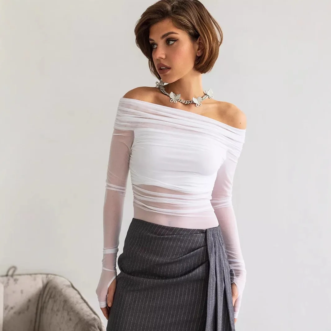 Women's Spring Autumn One-line Collar Sexy See-through Mesh Stitching Long-sleeved T-shirt
