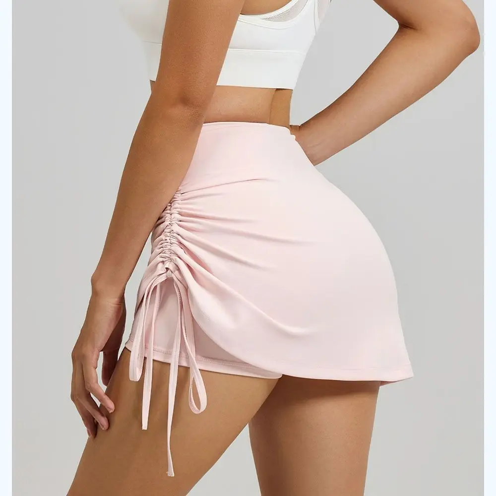 Tennisrock mit Hoher Taille, Sportlicher Kurzrock, Einfarbig mit Seitlichem Kordelzug, Yoga-Shorts, Lässige Freizeit-Laufshorts, Golf-Hose – Detail 10