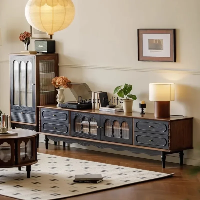 

01French retro North American black walnut medieval style floor-to-ceiling black TV cabinet