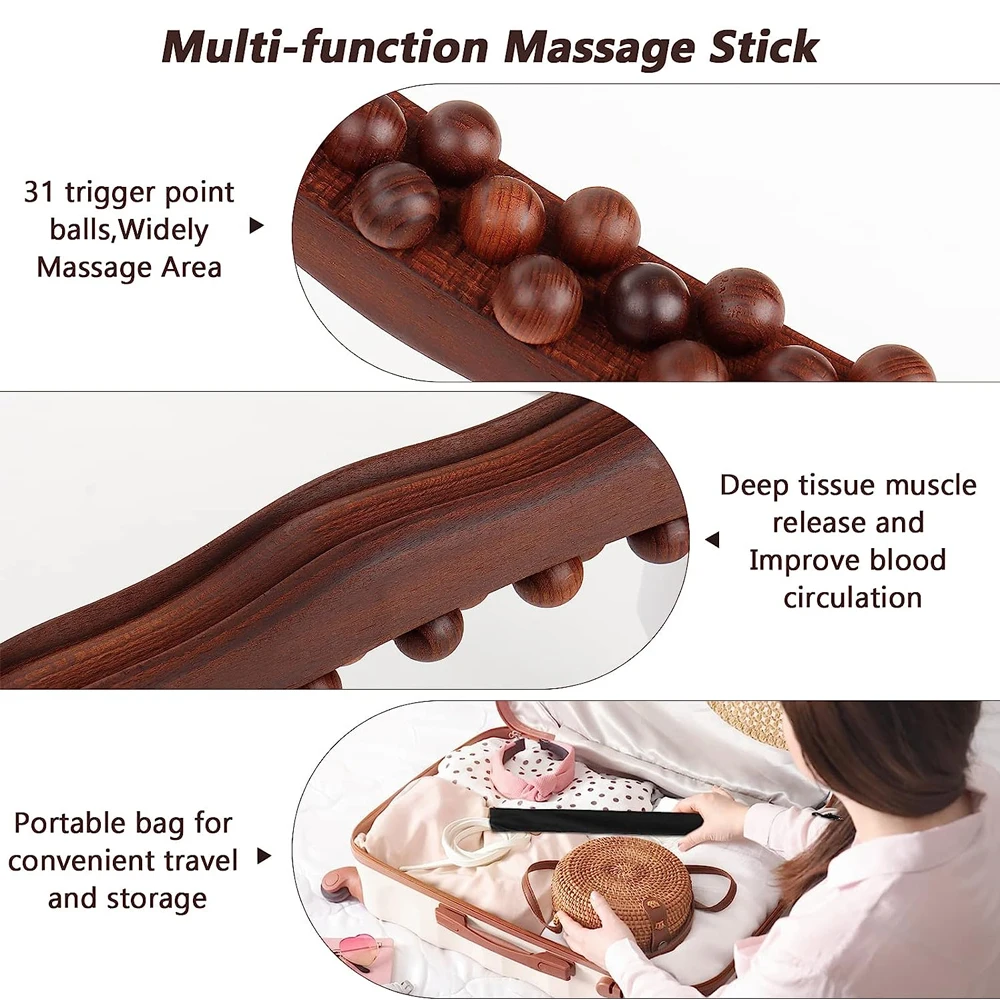 Guasha Wood Stick Tools Wooden Therapy Scraping Lymphatic Drainage Massager, Double Row 31 Beads Point Treatment Gua Sha Tools