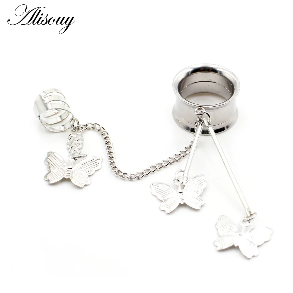 Alisouy 2pcs Stainless Steel Chain Butterfly Pendant Flared Ear Tunnels Plugs Expander Stretcher Gauges Body Piercing Jewelry