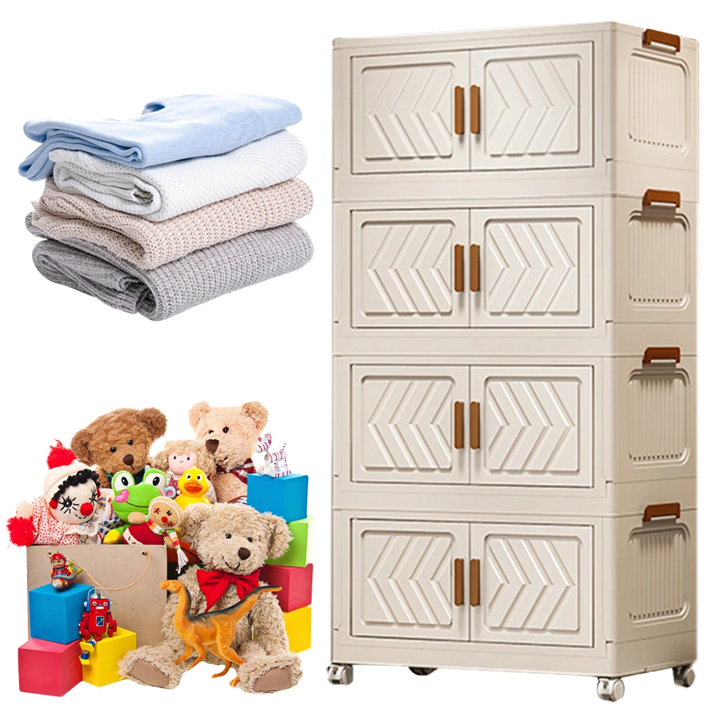 

4 Tier Plastic Storage Containers with Doors & Wheels Folding Storage Boxes Folding Storage Cabinet Shelf for Home Office Dorm