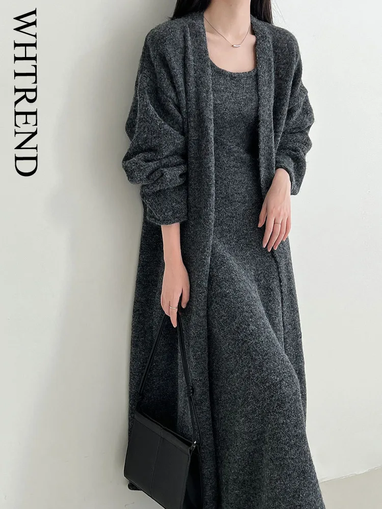 

WHTREND мягкое шерстяное трикотажное платье + кардиган средней длины, свитер, пальто, осень-зима, плотная модная теплая одежда WH1543