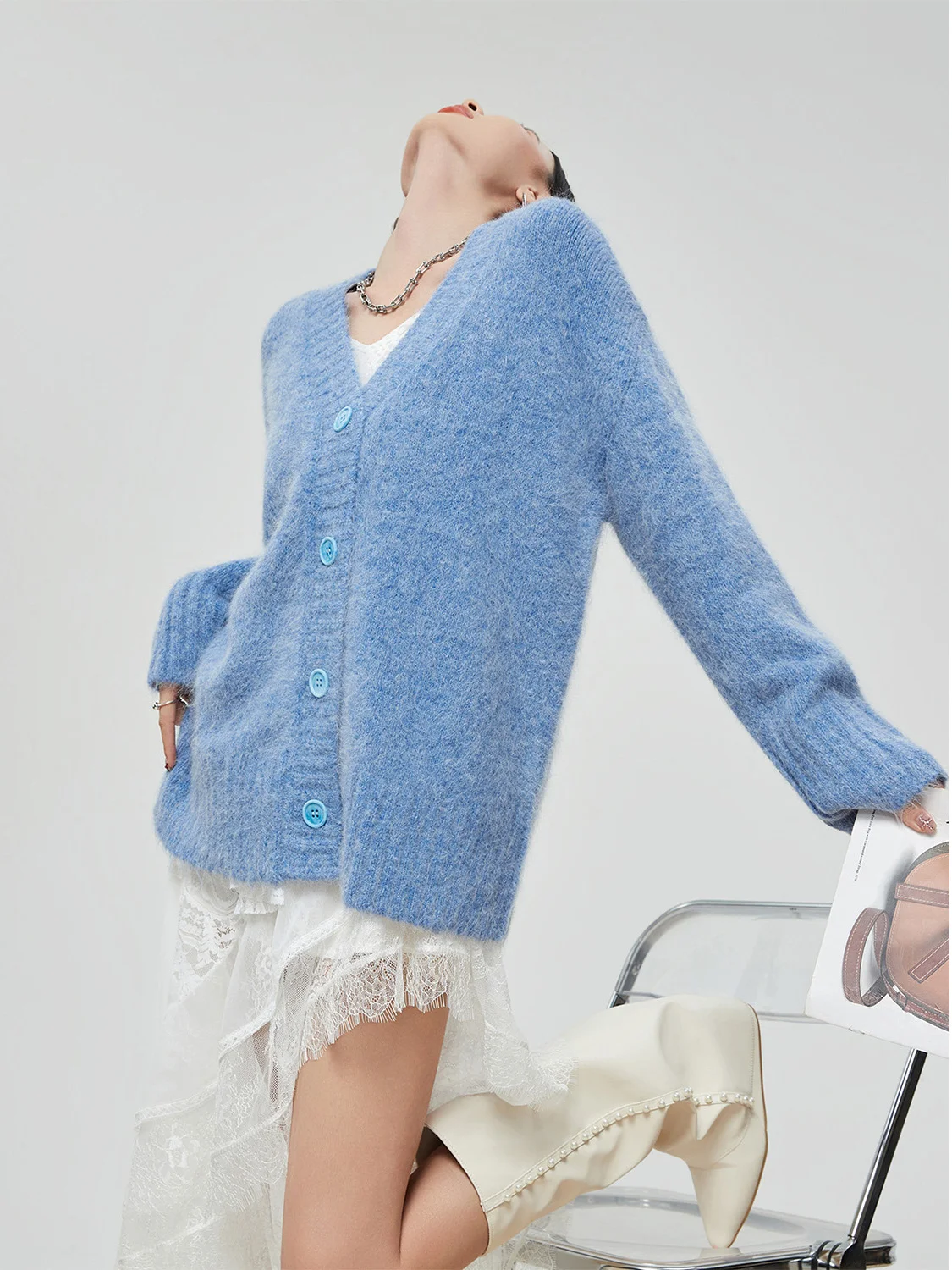

Blue Lazy Soft V-ne Knitwear Outerwear Women's Loose oulder Drop Autumn Winter New Korean Sle Faionable Open Cardigan