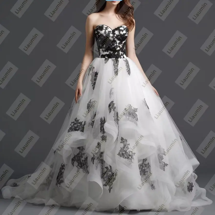 

Линия, белый тюль, черная кружевная аппликация, без бретелек, вечерние свадебные платья для выпускного вечера, вечерние платья на шнуровке сзади, ручная работа, A8.1.9