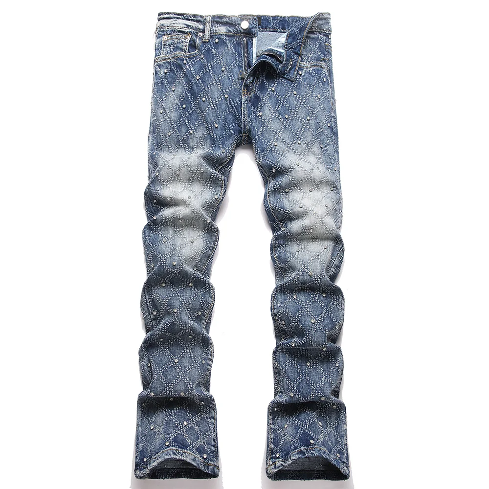 Men's Crystal Boot Cut Denim Jeans Rhinestone Slim Flared Stretch Pants Streetwear Good Quality Blue Cotton Trousers