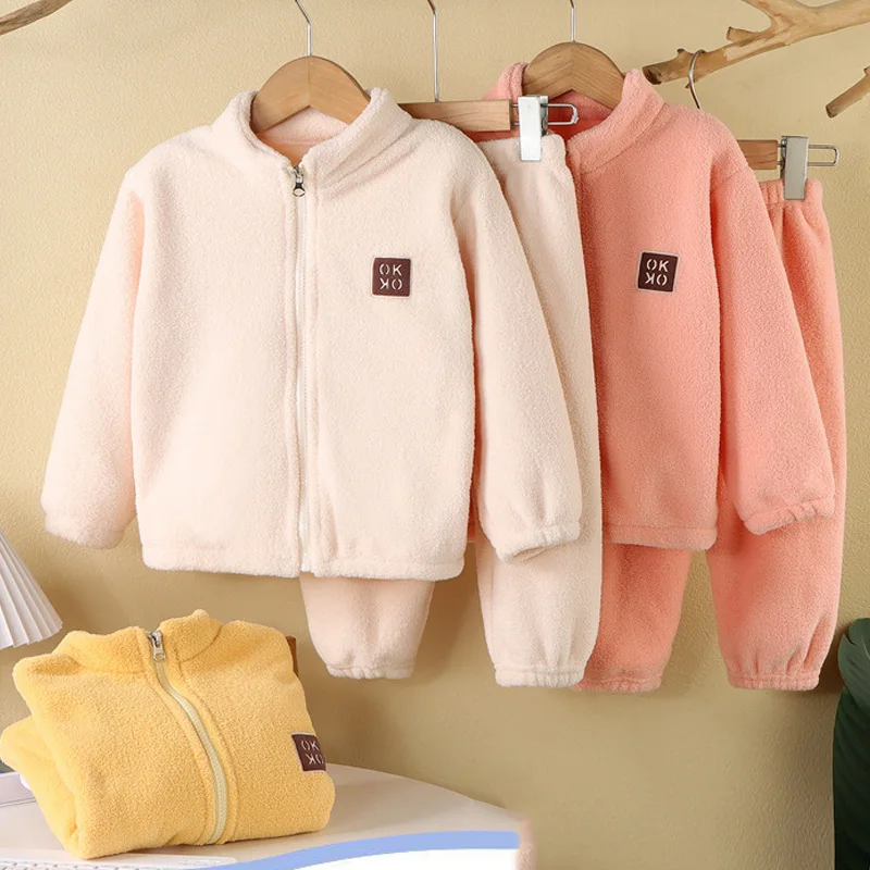

New Autumn Winter Sets Boys Girls Thickened Zipper Cardigan Suits Toddlers Feleece Jackets+Pants 2Pcs Outfits Children Clothes