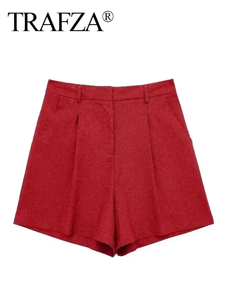 TRAFZA Summer Women Casual Shorts With Pockets Zipper Fly High Waist Linen Blend Shorts Vintage Solid Female Short Pants Mujer