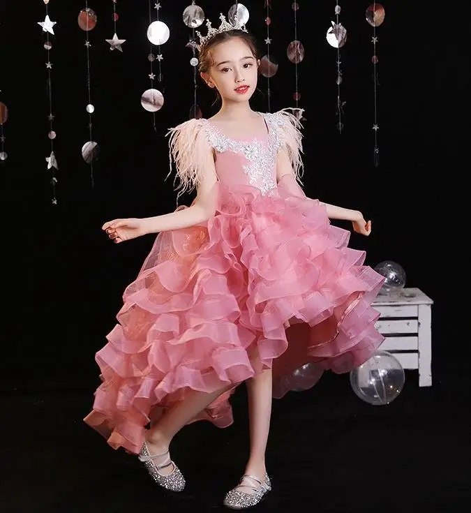 Girls high-end evening dress children's princess dress pink mesh stitching feather fashion girl birthday fluffy yarn dress