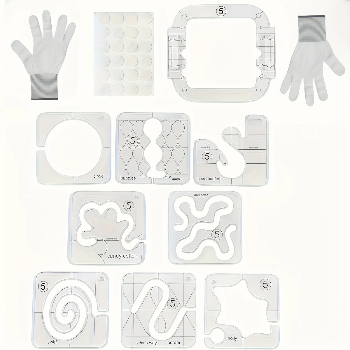 12Pcs Free-Motion Quilting Templates Set, 8 Pattern Stencils with Frame, Gloves, Stickers & Guide, DIY Sewing Ruler Tools Kit