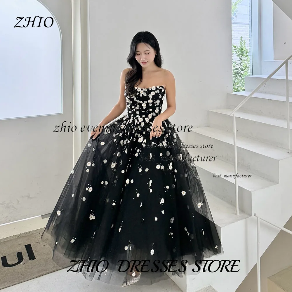 

ZHIO A-line Black Korean Prom Dresses Sleeveless Corset 3D Floral Tulle Customized Floor Length Prom Dresses Fit Wedding Party