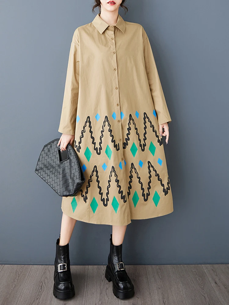 NYFS ルーズプラスサイズロングドレス 春秋 2026 ヴィンテージ長袖パッチワークプリント レディースローブシャツドレス