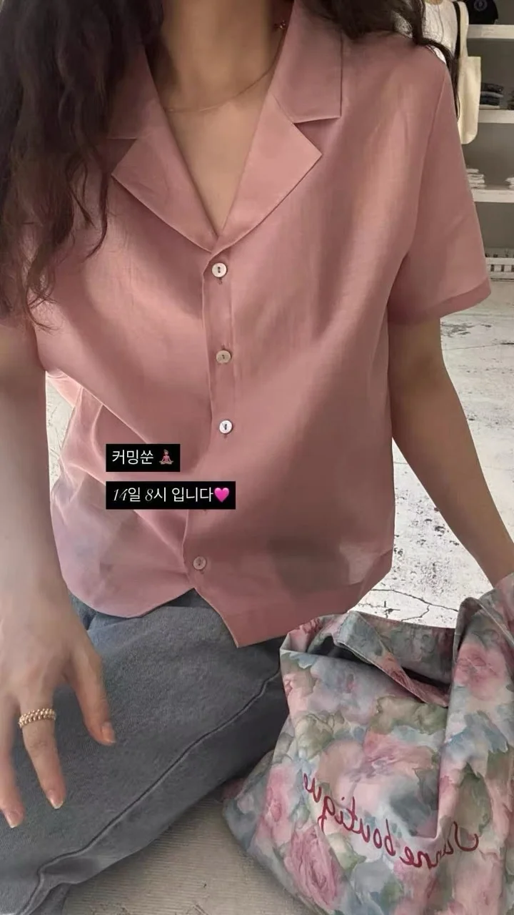 

Sienne2026 Summer New Pink Suit Collar Short Sleeve Women's Shirt Design Sensation Korean Style Thin Top Polyester Fiber