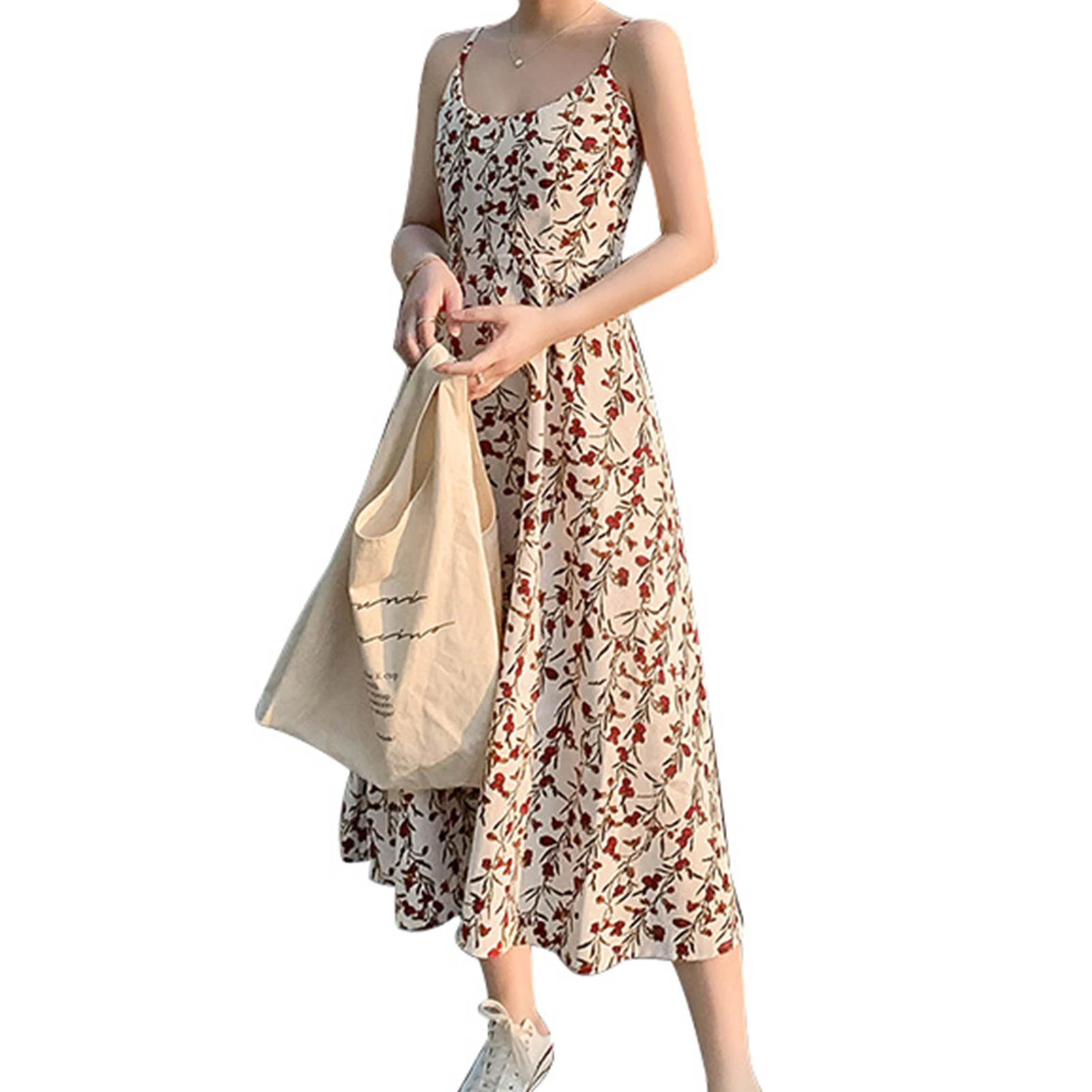 

Summer Female Floral Sling Dress Round Neck Sleeveless Waist Shrinking Dress for Outdoor Daily Outfit