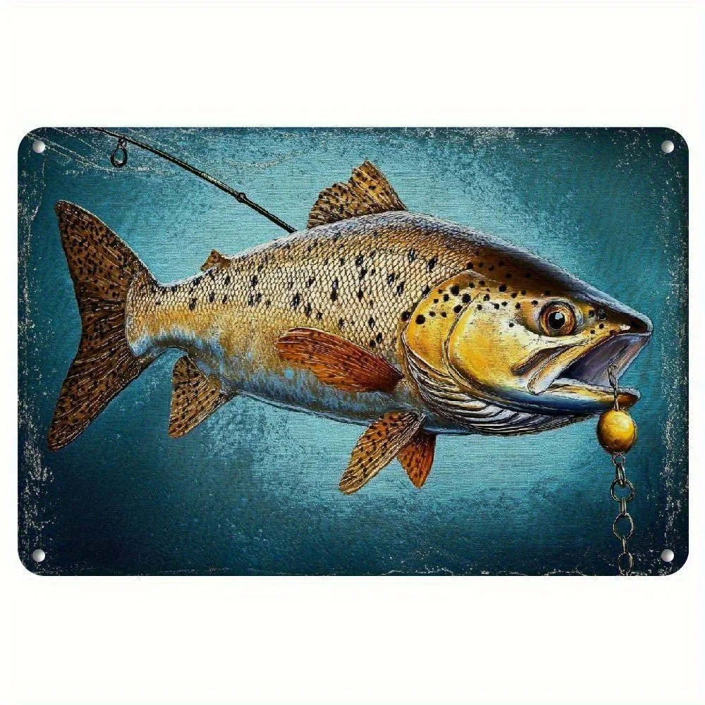 Vintage Trout Fishing Metal Tin Sign - Leapin' Trout with Hook & Line - Waterproof & Dustproof Rustic Fishing Decor - Pre-Dri