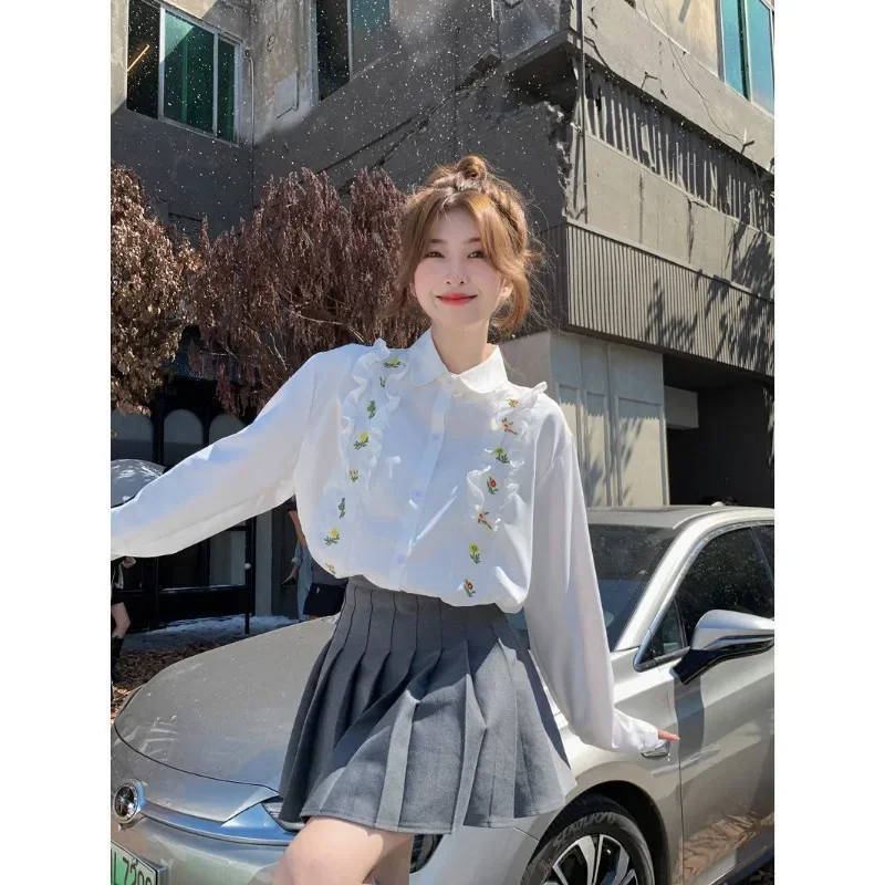 

Female Spring Summer Casual Button Solid Color Collar Women Shirts Fashionable Embroidered Young Style Long Sleeve Top Tee