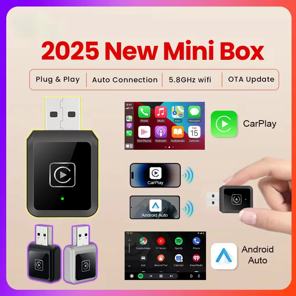 2025 New 2-In-1Carplay Android Wired To Wireless Automatic Adapter Car Gadget Smart Mini Box Plug Play 5Ghz Wifi Quick Connect