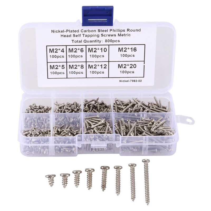 800Pcs/Set M2 Screw Carbon Steel Cross Drive Pan Head Self Tapping Screws Assorted Fastener M2X4/5/6/8/10/12/16Mm/20Mm