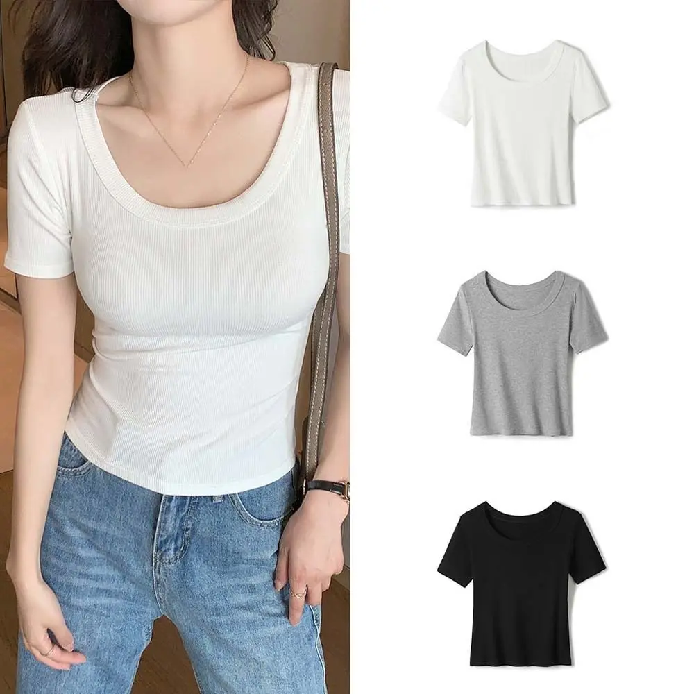 

Slim Korean Y2K Crop Tops Solid Color Round Neck Black White Grey T-shirt Corset Short Sleeves Slim Short T-shirt Party