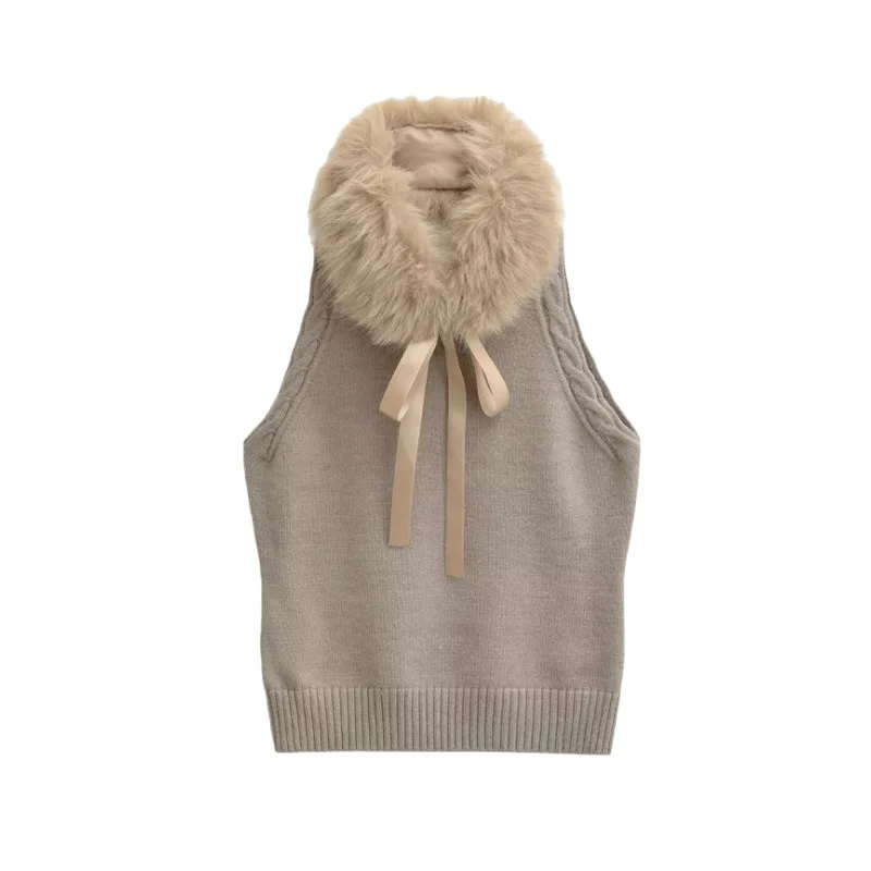 

Женский вязаный жилет-пуловер без рукавов с мехом и лентами