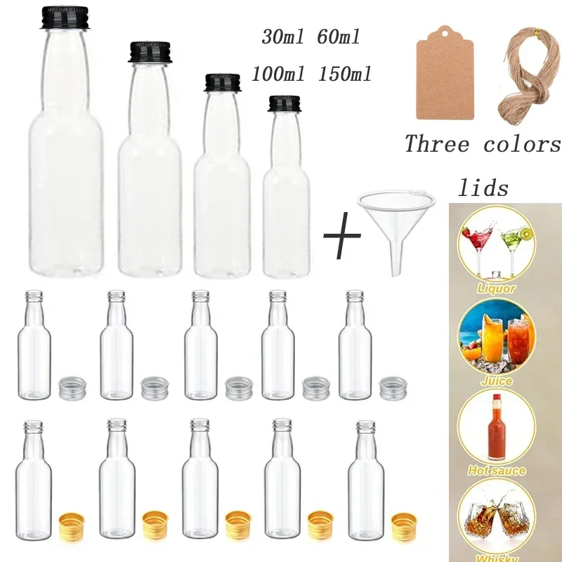 

50 шт. 30-150 мл пластиковая мини-бутылка для ликера с алюминиевой крышкой, пустая бутылка для образцов, портативные контейнеры для украшения сока, конфет, сделай сам