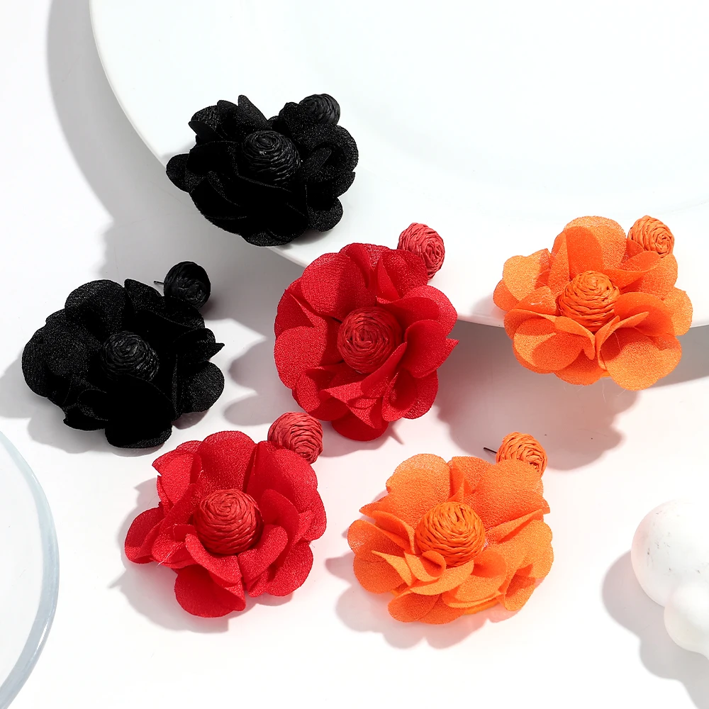 Summer Colorful Lafite Chiffon Flower Earrings for Women Boho Handwoven 3D Flower Fabric Drop Earring Beach Party Jewelry Gifts