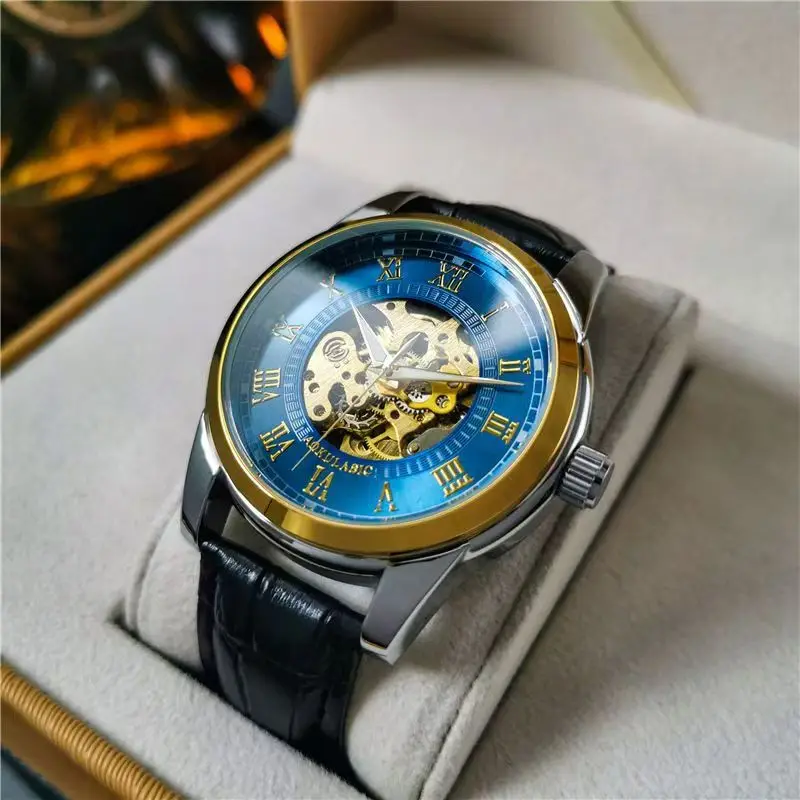 Elegant Men's Automatic Mechanical Watch with Skeleton Design - Leather Strap, Roman Numeral Dial, Automatic Movement, Perfect for Business and Casual Wear, Ideal Gift for Young Men, Business Casual Men's Watch | Skeleton Watch with Hollow Design | Durable Watch, Watch Accessories, No Battery view 4