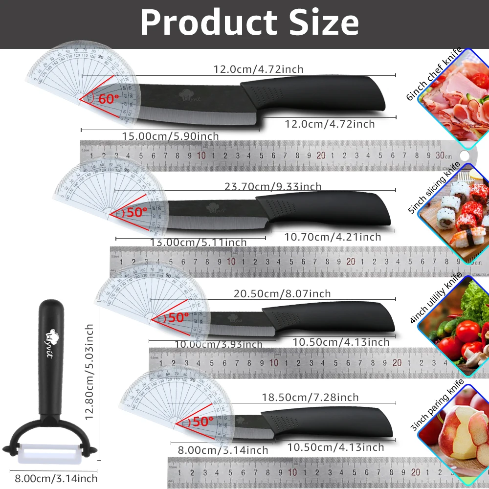 Kitchen Ceramic Knives Set, Chef Knife, Holder, Peeler, Black Blade, 3 "Paring, 4" Utility, 5 "Slicing, 6", Acessórios