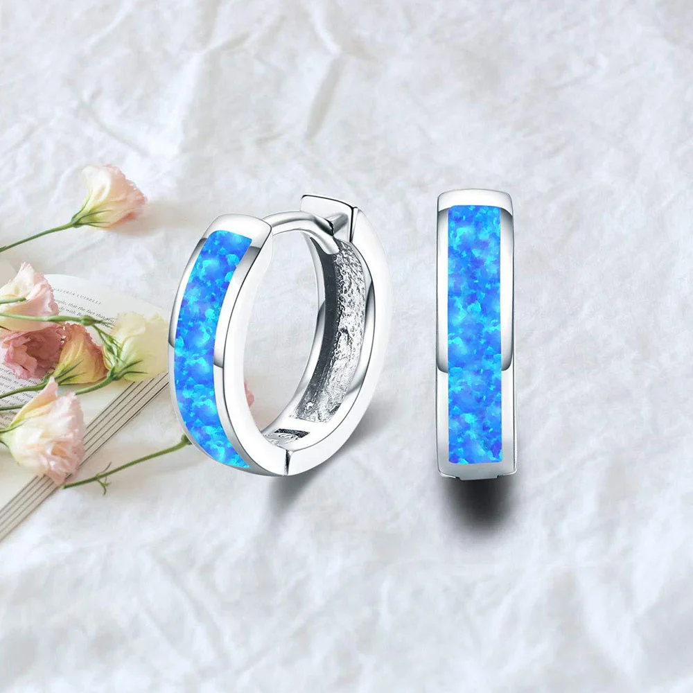 Mens Blue White Green Fire Opal Earrings For Women Rose Gold Silver Color Small Round Ear Buckle Male Bar Wedding Party Jewelry