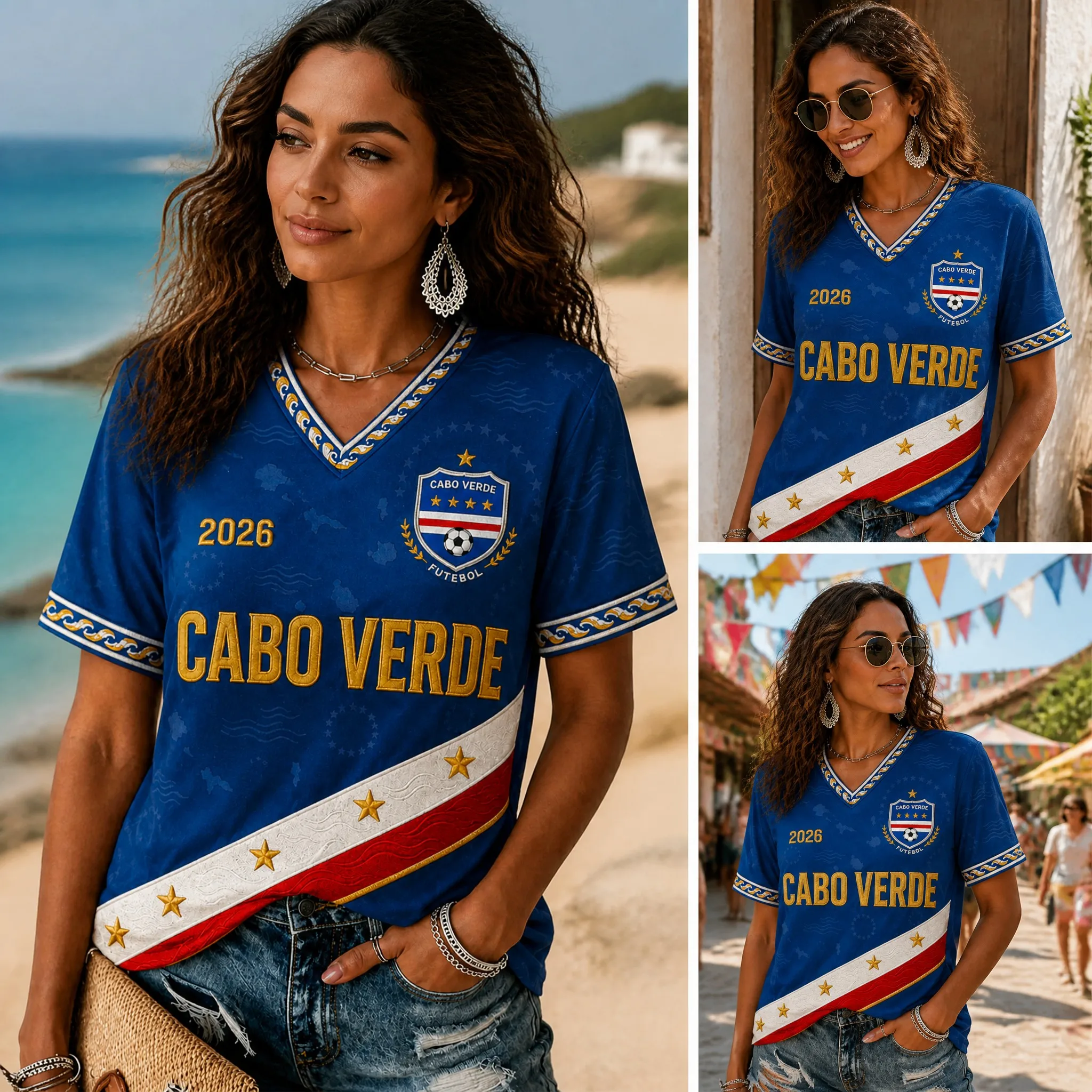 Cabo Verde Womens V Neck Football Tee 2026 Diagonal Flag Stripe Graphic Short Sleeve Casual Summer Shirt Island Top Travel Style