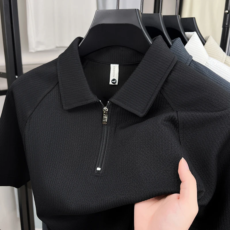 

Men's Zipper Polo Shirt Short Sleeve Lapel Ribbed Knit Summer Casual Business T-Shirt Stretch Lightweight Soft Comfortable Fit