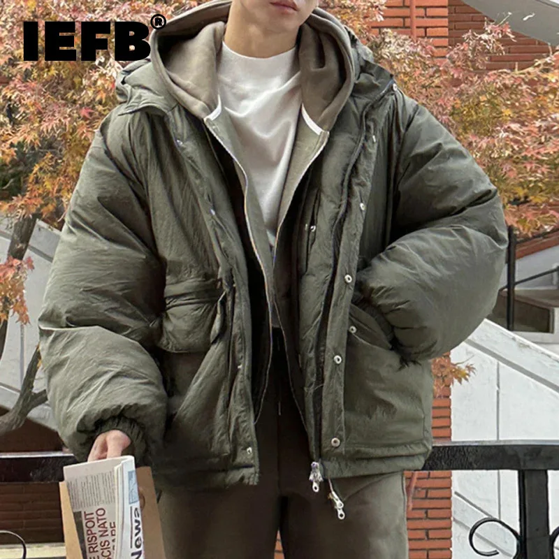 IEFB Korean Style Men\'s Padded Jackets Hoooded Fake Two Pieces Zipper Solid Color Loose New Winter Male Clothing Fashion 9C8565