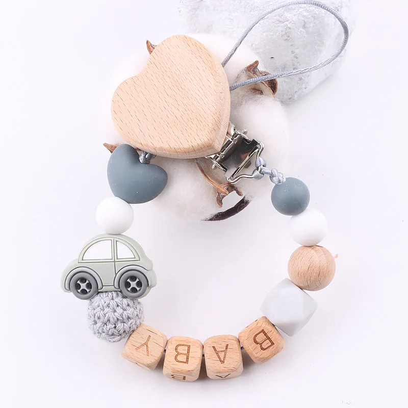 Custom Name Personalized Baby Beech Wooden Pacifier Clips Silicone Beads Dummy Chains Holder Soother Newborn Teething Toy Gift