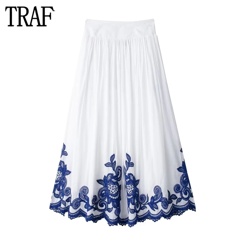 TRAF Embroidery Pleated Skirt Women High Waist Midi Skirts for Women 2024 Summer Boho Long Skirt Woman White Beach Women's Skirt