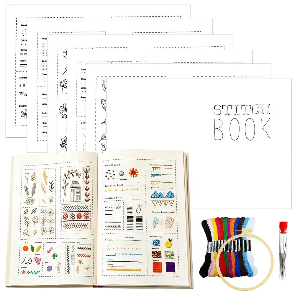 1 Set Stitch Book Embroidery Starter Kit, Pre-Printed Practice Fabric, 24 Color Floss, Hoop & Needles YMY
