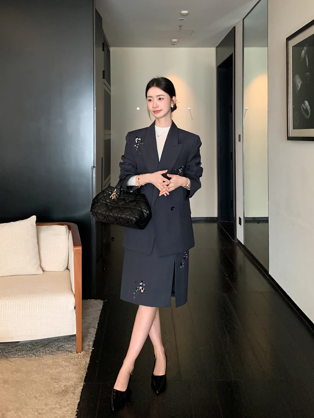 

Роскошный шерстяной костюм Maven Lin Jaet с юбкой с разрезом для женщин, комплект средней длины, длинный свеч, осенний модный комплект