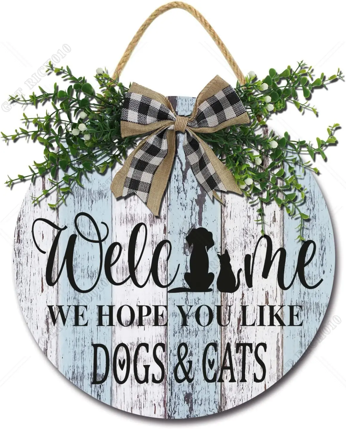 Welcome Sign for Front Door 12Inch Welcome We Hope You Like Dogs and Cats Sign Round Wooden Door Hanger Decorations