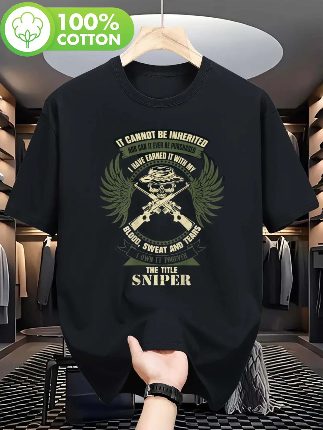 Men'S Sniper T-Shirt with Crossed Rifles Wings Skull Camo Design Breathable Combat Tee Suitable for Training Outdoor Activities