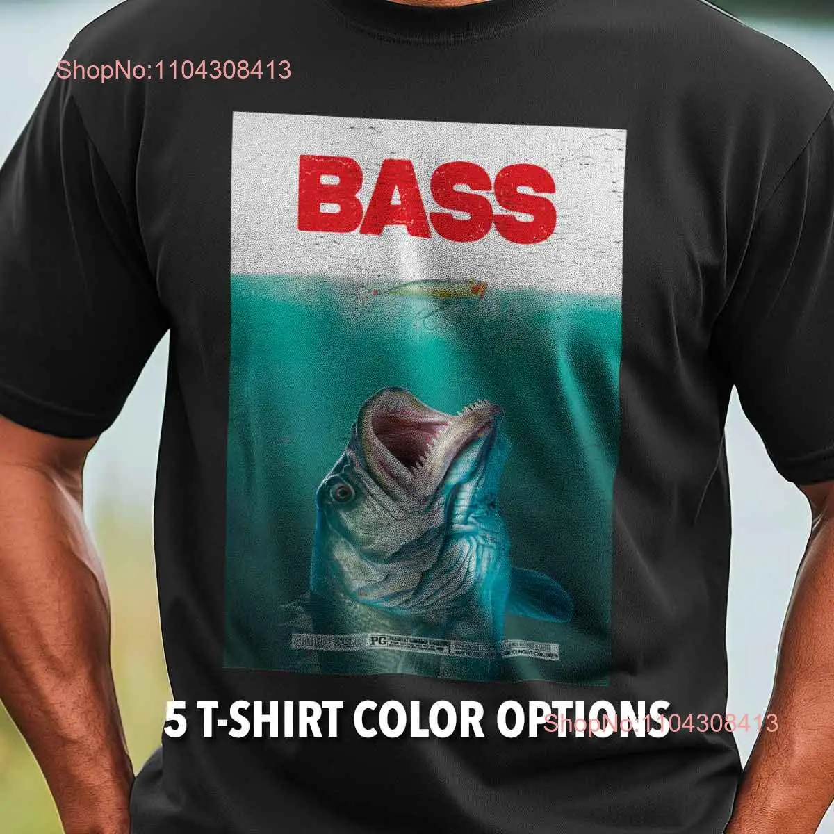 Bass Poster T Shirt Jaws Parody Fishing for Dad Fathers Day Mens Fishermen Men long or short sleeves