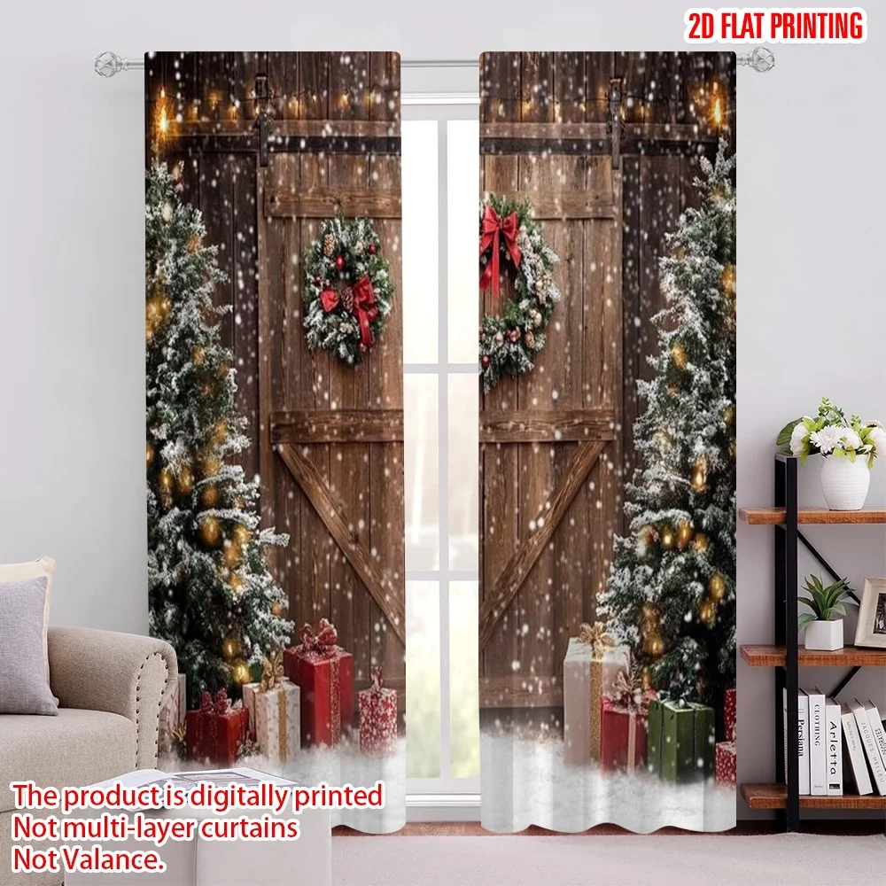 

2pcs 2D flat printing Merry Christmas Curtains Winter barn door with Christmas tree snow scene Machine Washable Polyester