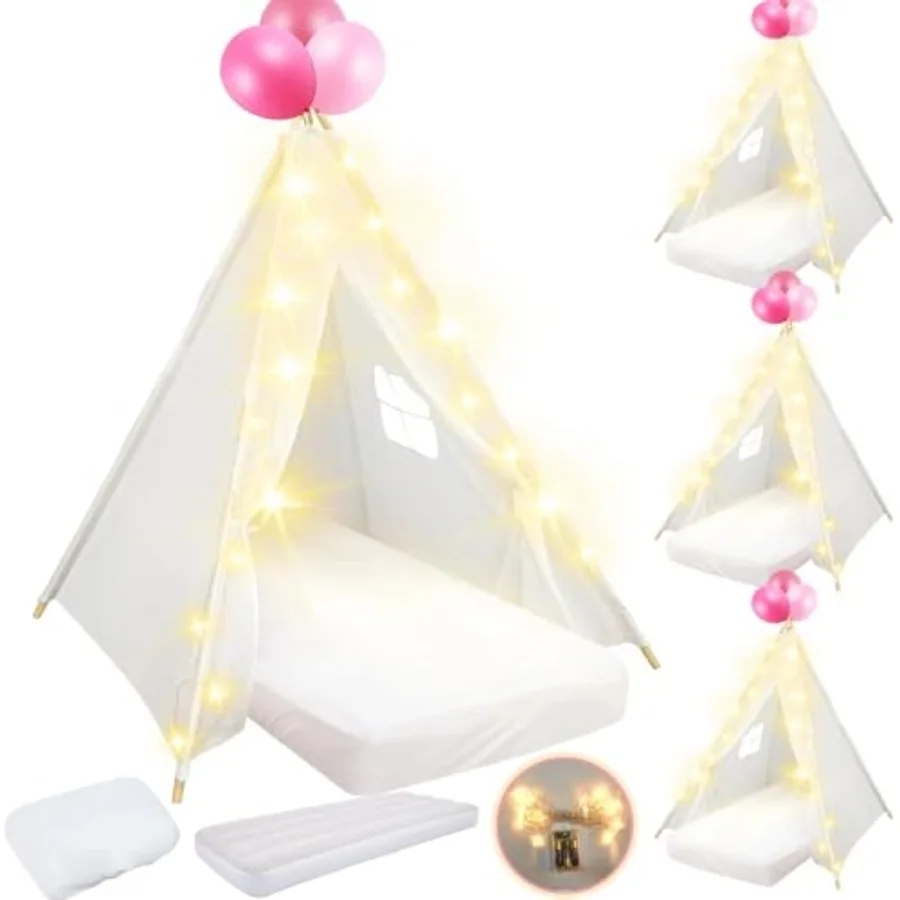 

4 Pack Teepee Tent for Slumber Party with Mattress Fitted Sheet Light String Natural Cotton Washable Sleepover Tents for Girls
