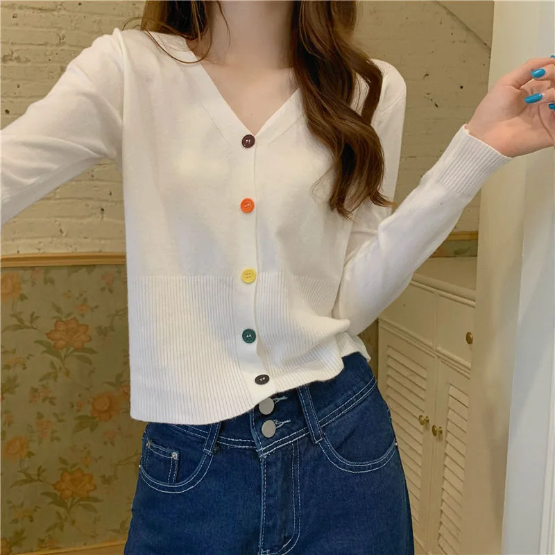 

Women's Button-Trim V-neck Sweater Spring Autumn Long Sleeve Black White Pink Purple Yellow Red Knitted Cardigan Basic Solid Top