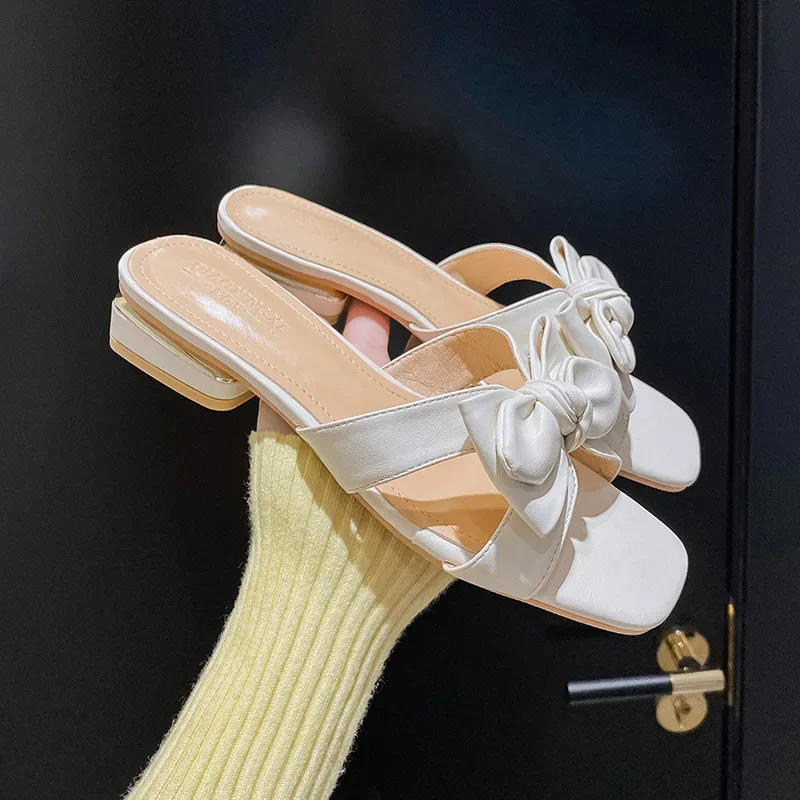 New Women Shoes Modern Heels Slipper Outdoor Slides Bowknot Leather Flat Shoes Girl Beautiful Soft Sandals