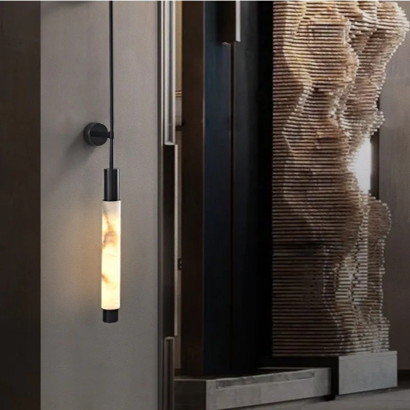 Simple long pole marble wall lamp LED villa corridor hall light luxury living room background bedroom bedside lamp