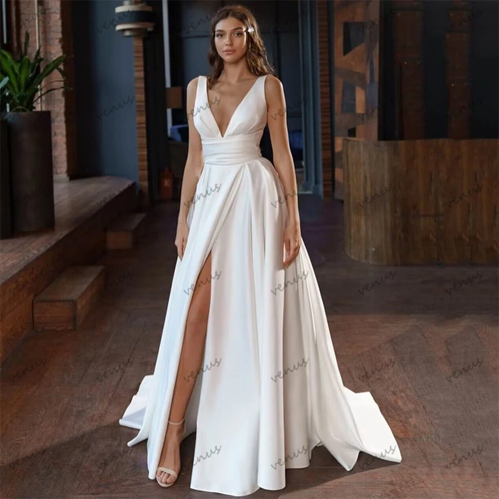 Sexy Wedding Dresses Satin Elegant Bridal Gowns Sleeveless High Slit Robes For Formal Party Glamorous Vestidos De Novia 2024