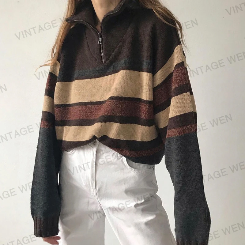 American retro brown lapel pullover striped knitted sweater women's tide ins autumn and winter sweater simple