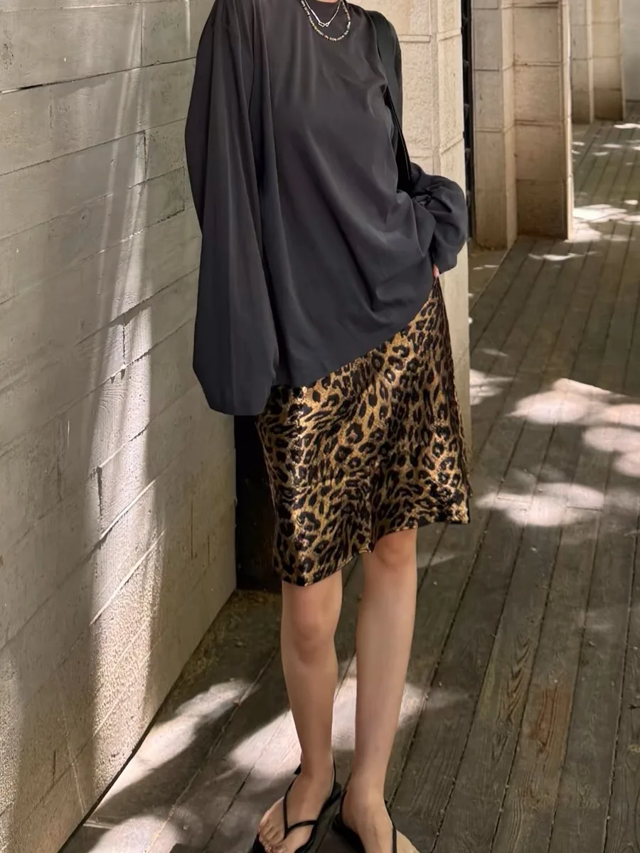 Hot fashion skirt leisure Sexy Slimming Elastic Waist Anti-wrinkle Gold-plated Leopard Print A-Line Midi Skirt for Women