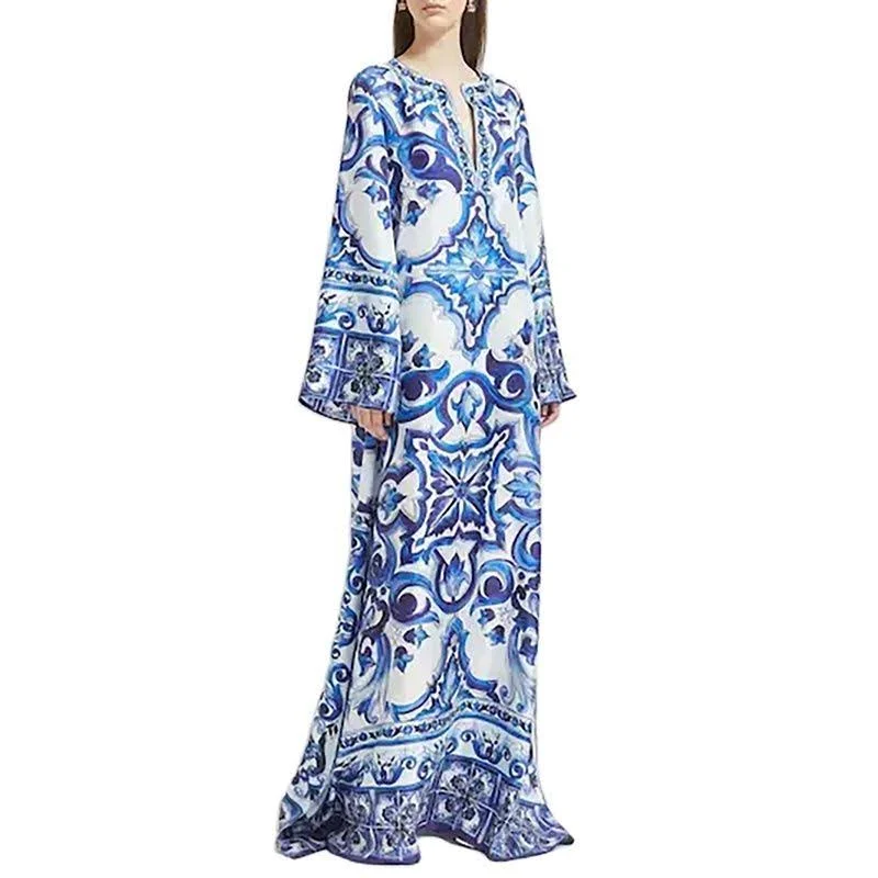 HIGH QUALITY Luxury Designer Inspired Maxi Dress Runway Fashion Printed Kaftan Dress Blue Long Bohemian  Loose Dresses 2023