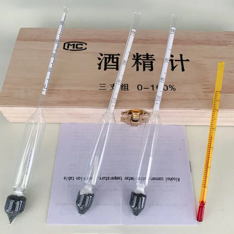 Vodka, medidores de alcohol empaquetados en caja de madera para whisky (rango 0 - 40%, 30 - 70%, 70 - 100%) Juego de probadores de alcohol de alta precisión de 4 piezas