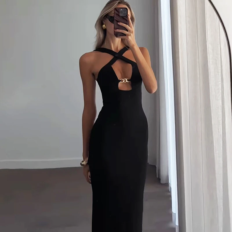 

Ticketsx Fashion Sexy Slim Backless Hollow Out Sling Dress Women's Autumn Sleeveless Black Long Dress Date Party Evening Dress